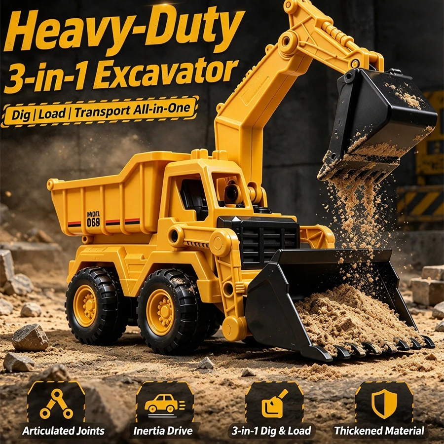 3-in-1 Excavator Dump Truck Toy, Inertia Construction Vehicle for Kids, Sand Digging Loader Engineering Car Gift