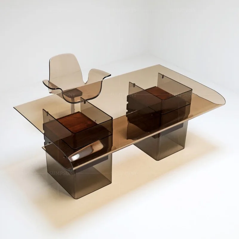 Transparent acrylic suspended desk Italian light luxury high sense modern creative solid wood drawer rectangular desk