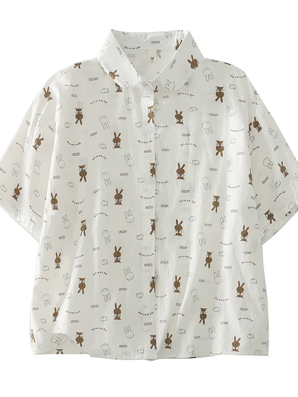 

Artistic Japanese Sle Cotton ort Sve Printed irt Women's Loose Fit Summer New Arrival Top Casual Collar