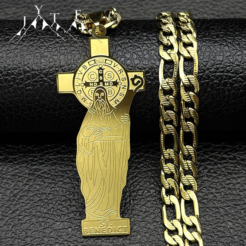 

Catholic Saint Benedict Cross Pendant Necklace for Women Men Stainless Steel Gold Plated San Benito Hip Hop Chain Amulet Jewelry