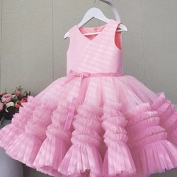 2023 Pink Puffy Cake Party Dress for Baby Girl Christmas First Baptism Lace Bow Princess Dresses Kids Tutu Birthday Wedding Gown