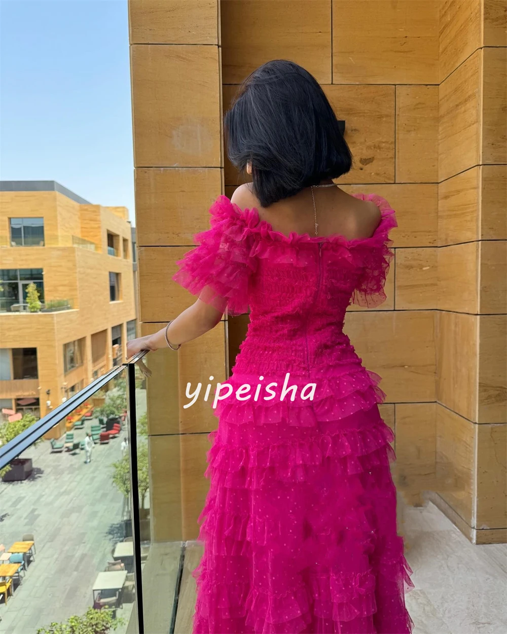 Retro Tulle Tiered Ruched A-line Off-the-shoulder Midi Dresses Celebrity Dresses Fashion Elegant Exquisite High Quality Sexy