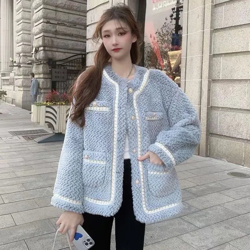 Lamb Wool Coat Women's Autumn Winter 2025 New Small Fragrance Jacket High Quality Outwear Padded Imitation Fur Coats Ladies Tops