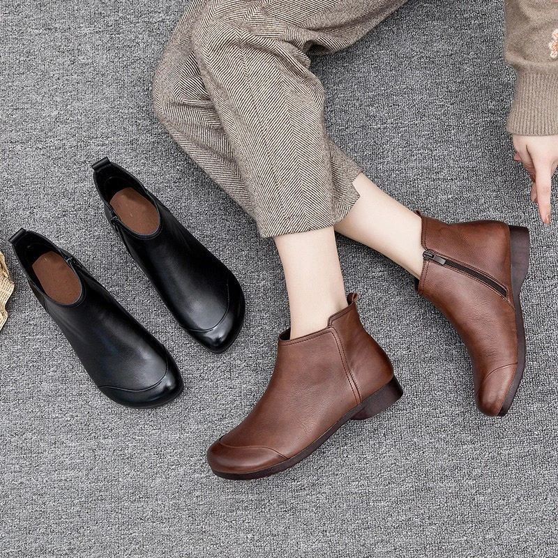 Winter Flat Women\'s Shoes 2024 New Fashion Ankle Boots Retro Casual Plus Size Short Boots Zipper Solid Color Warm Flat Boots