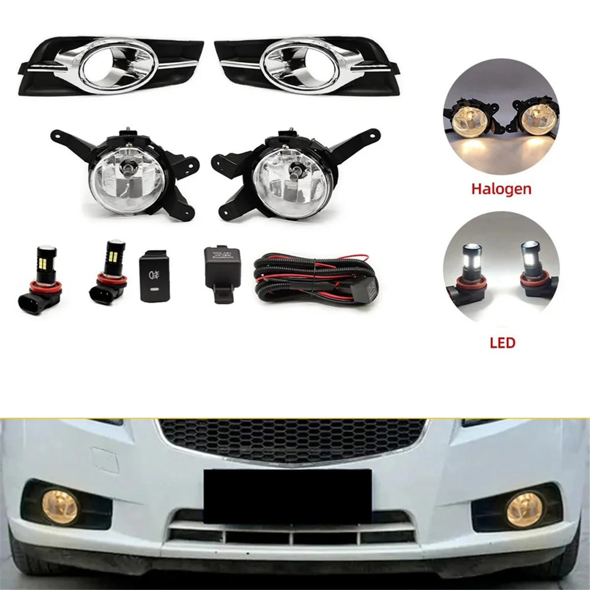 Car Front Bumper LED Fog Light Kits for Chevrolet Cruze 2009-2014 Chrome Fog Lamp Cover Grill Bezel Relay Switch Harness