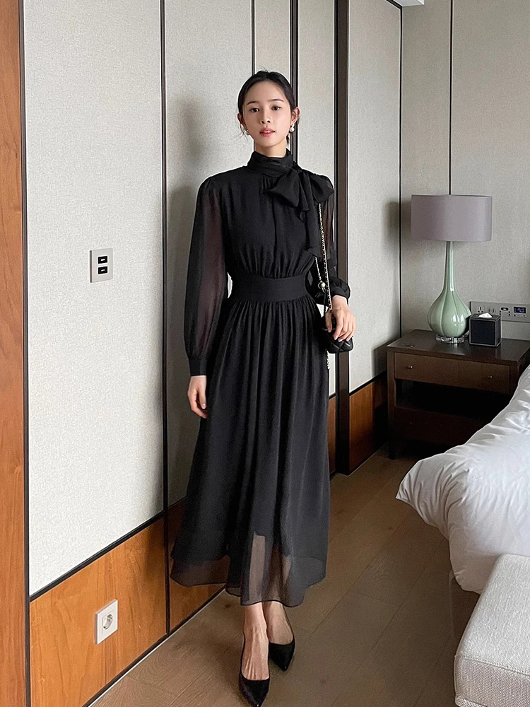 Elegant Spring Chic Stand Collar Sash  Knot Long Sleeve Chiffon Dress Slimming Waist High Waist Commute Style