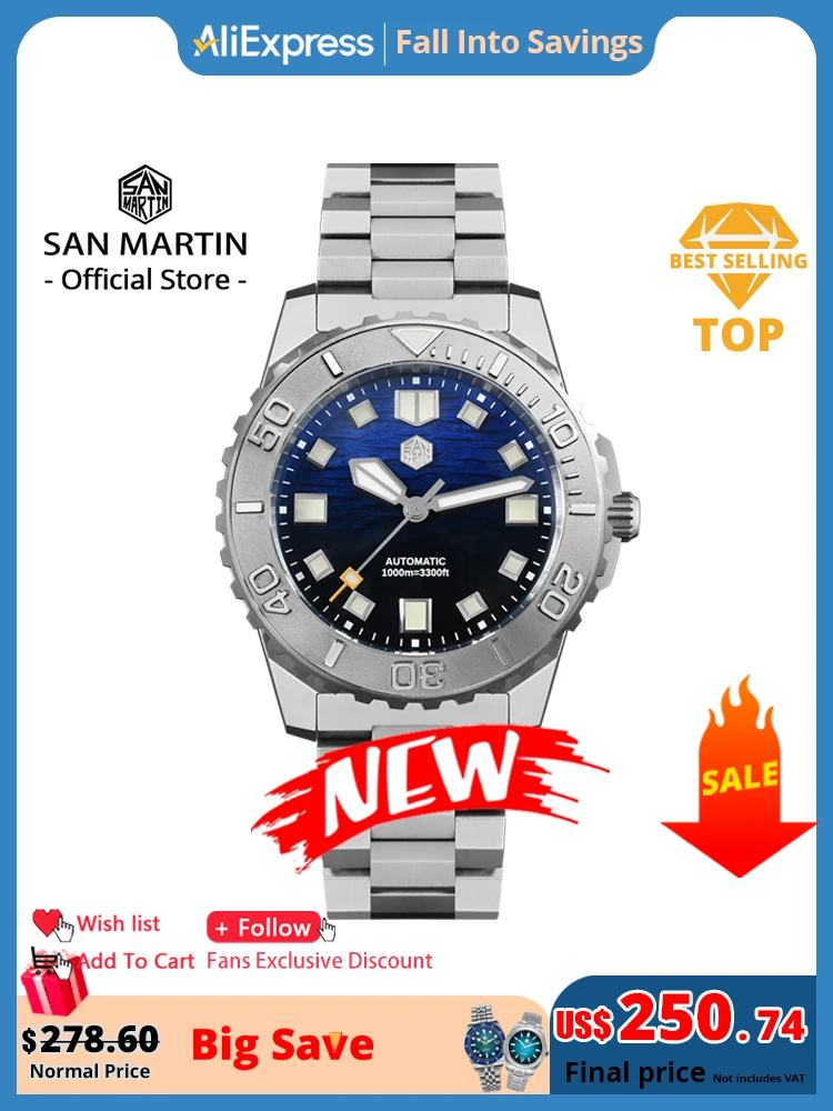 

San Martin 1000m Waterproof Sea Waves Texture Dial 43mm Men Diver Watch Helium Escape Valve NH35 Automatic Mechanical SN0147