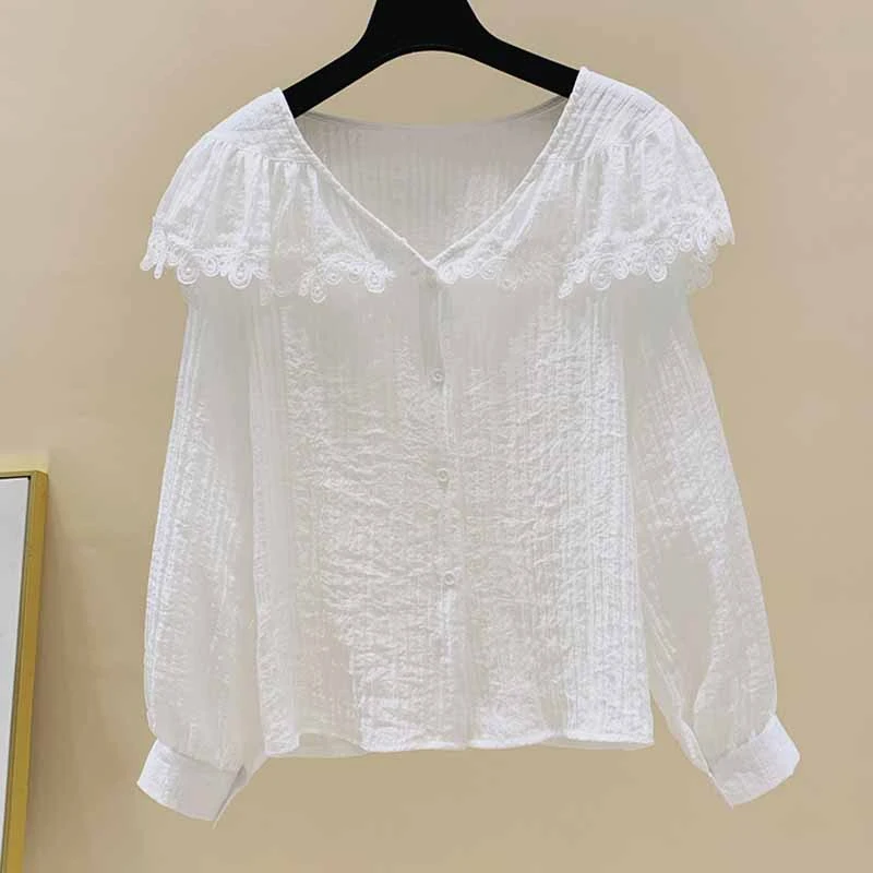 

All-match Sweet V-neck Women Long Sleeve Simple White Tops Autumn New Korean Loose Lace Blouse Cardigan Chemisier Femme 11235