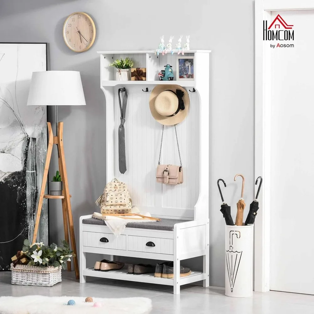 Banco de entrada con cajones de almacenamiento, zapatero y ganchos para abrigos, muebles de guardarropa con asiento acolchado y funcionalidad 3 en 1