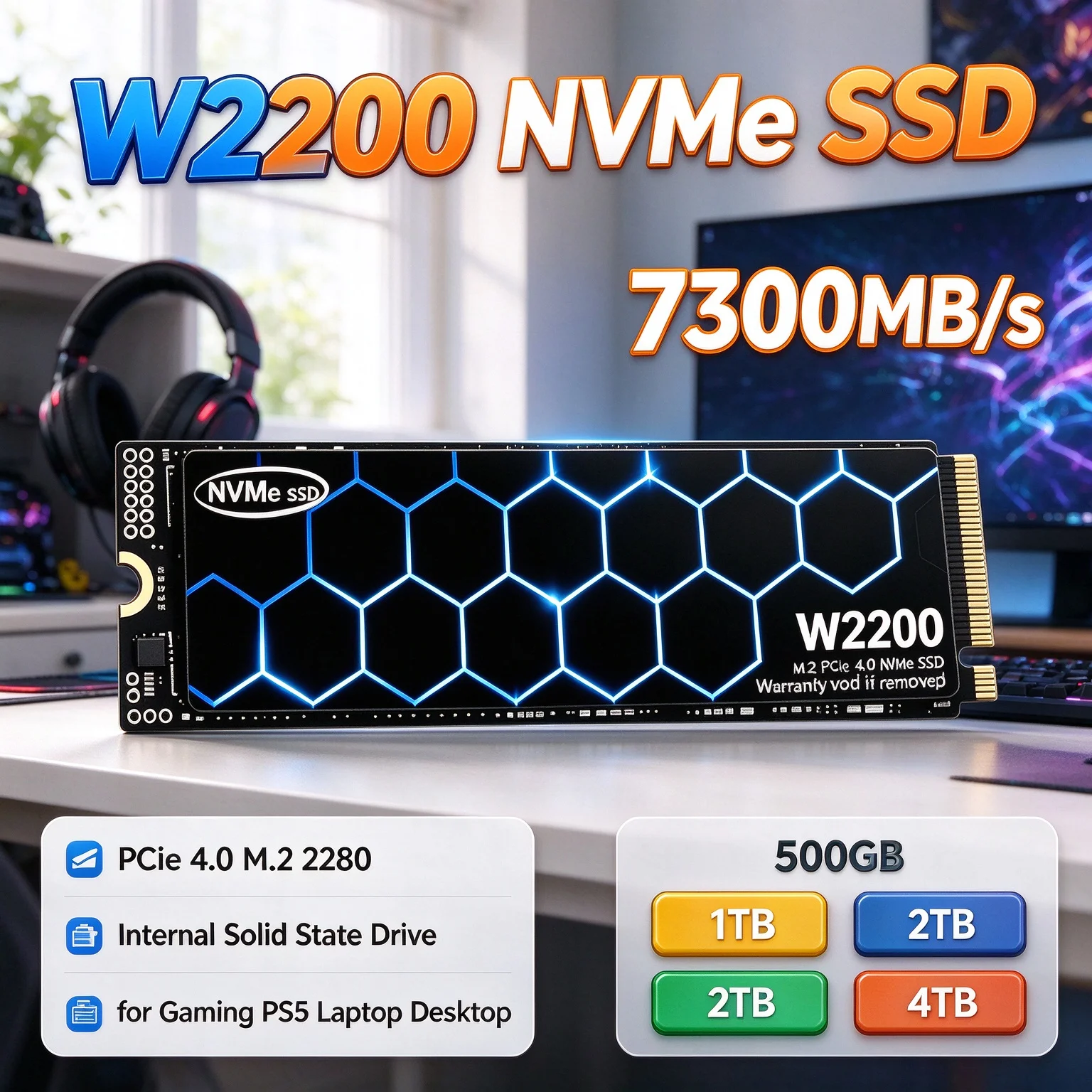 PCIe 4.0 M.2 2280 Launch Games in Seconds W2200 NVMe SSD 7300MB/s 4TB Internal Drive Desktop Laptop, High Speed Storage