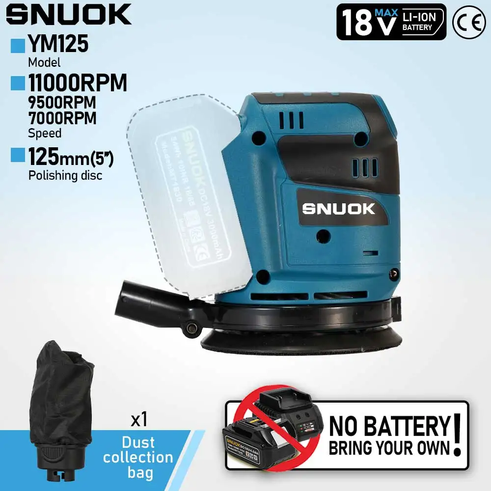 SNUOK 125mm Handheld Sander No Battery Woodworking Disc Polishing Machine Car Beauty 8Hole Waxing Machine For Makita 18V Battery