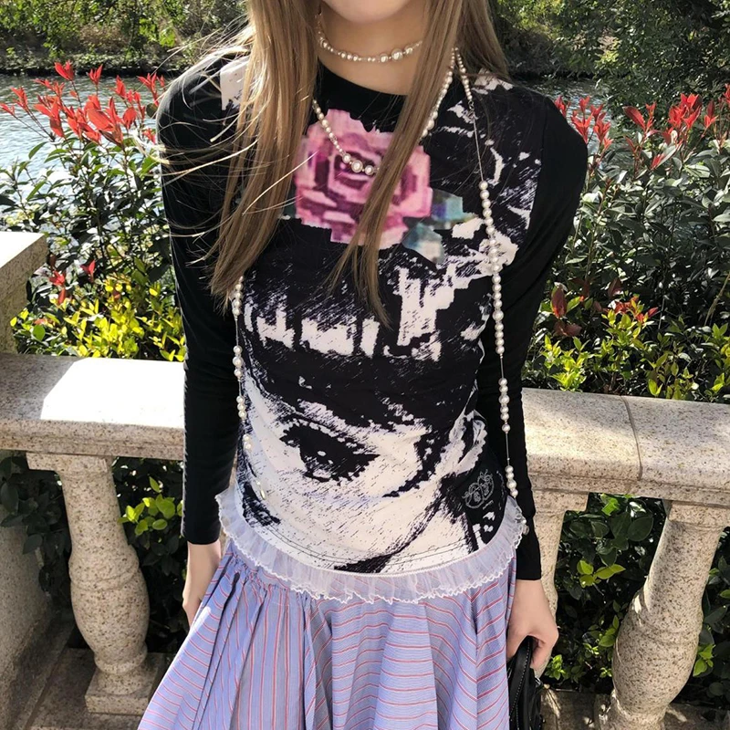 

Anime girl vintage Lace slim top sweetheart y2k 90s gothic t-shirt Sweet girl Aesthetic Harajuku Subculture kawaii cute lady Top