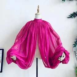 Hot Pink Tulle Women Top Long Sleeves Fuchsia Top Tulle Brouse Long Sleeves Middle Outwear Birthday Party Top Bridal Cape