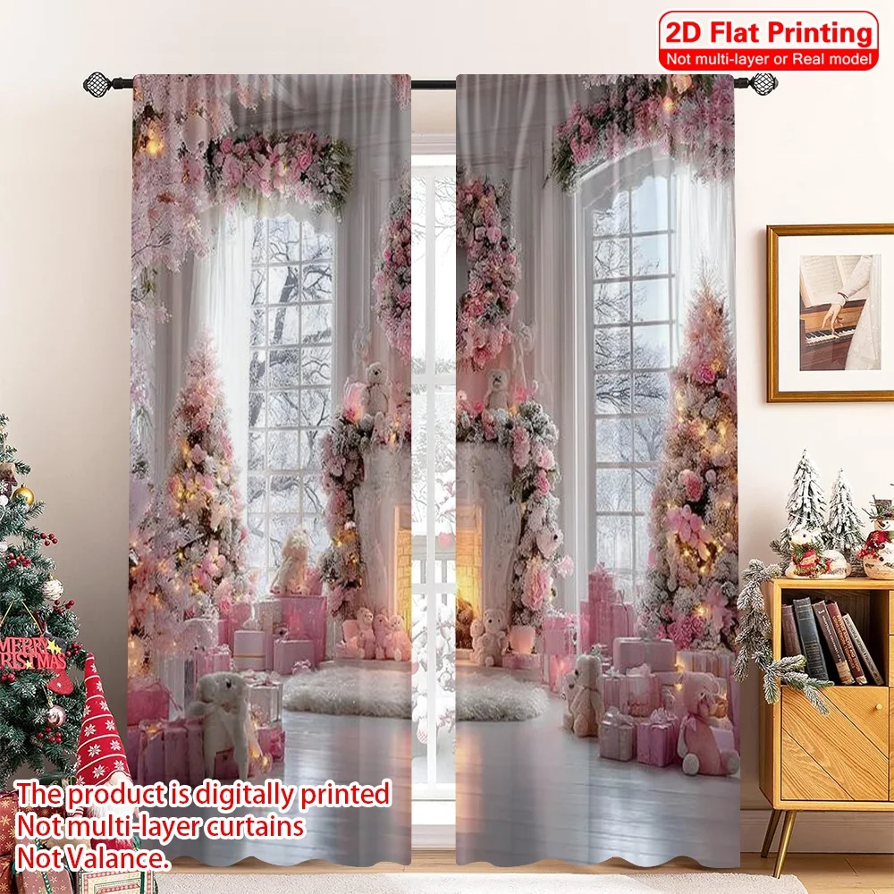 2pcs 2D flat printing Merry Christmas Curtains Pink fireplace Versatile 100% Polyester Without Electricity Spring Party &