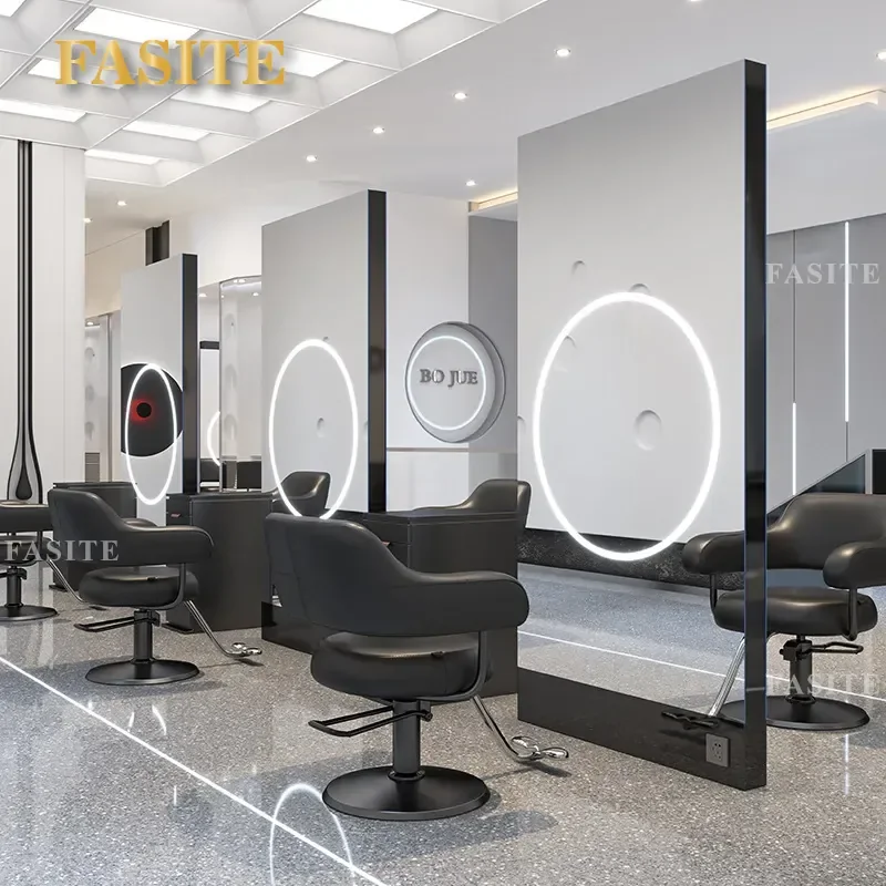 For Hair Floor Mirror Table with Lamp Single Double Sided Haircut Styling Station Furniture Professional Barber Shop
