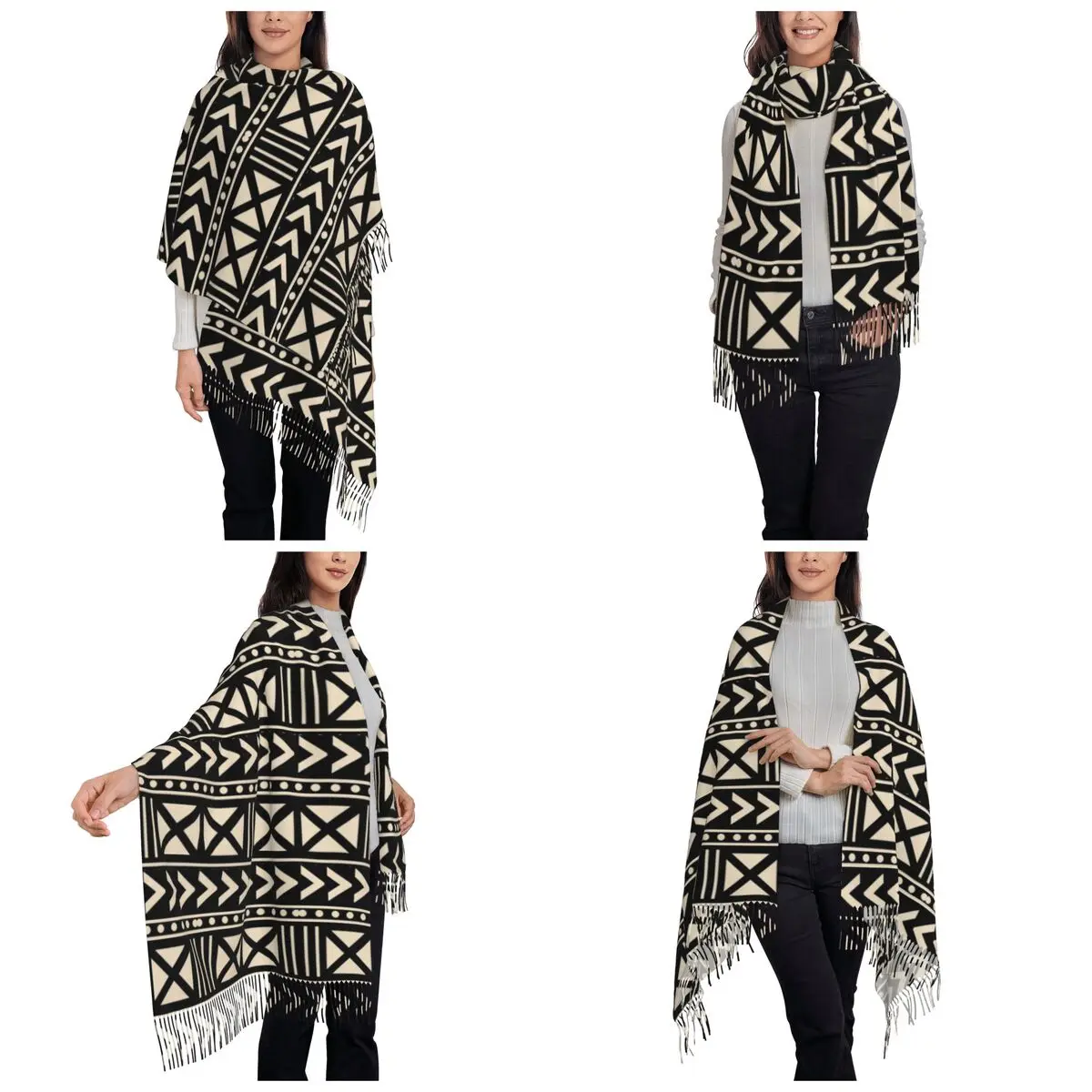 African Mud Cloth Black And White Trending Scarf Tassel Scarves Women Soft Warm Shawls and Wraps Long Fall Winter Shawl Wrap