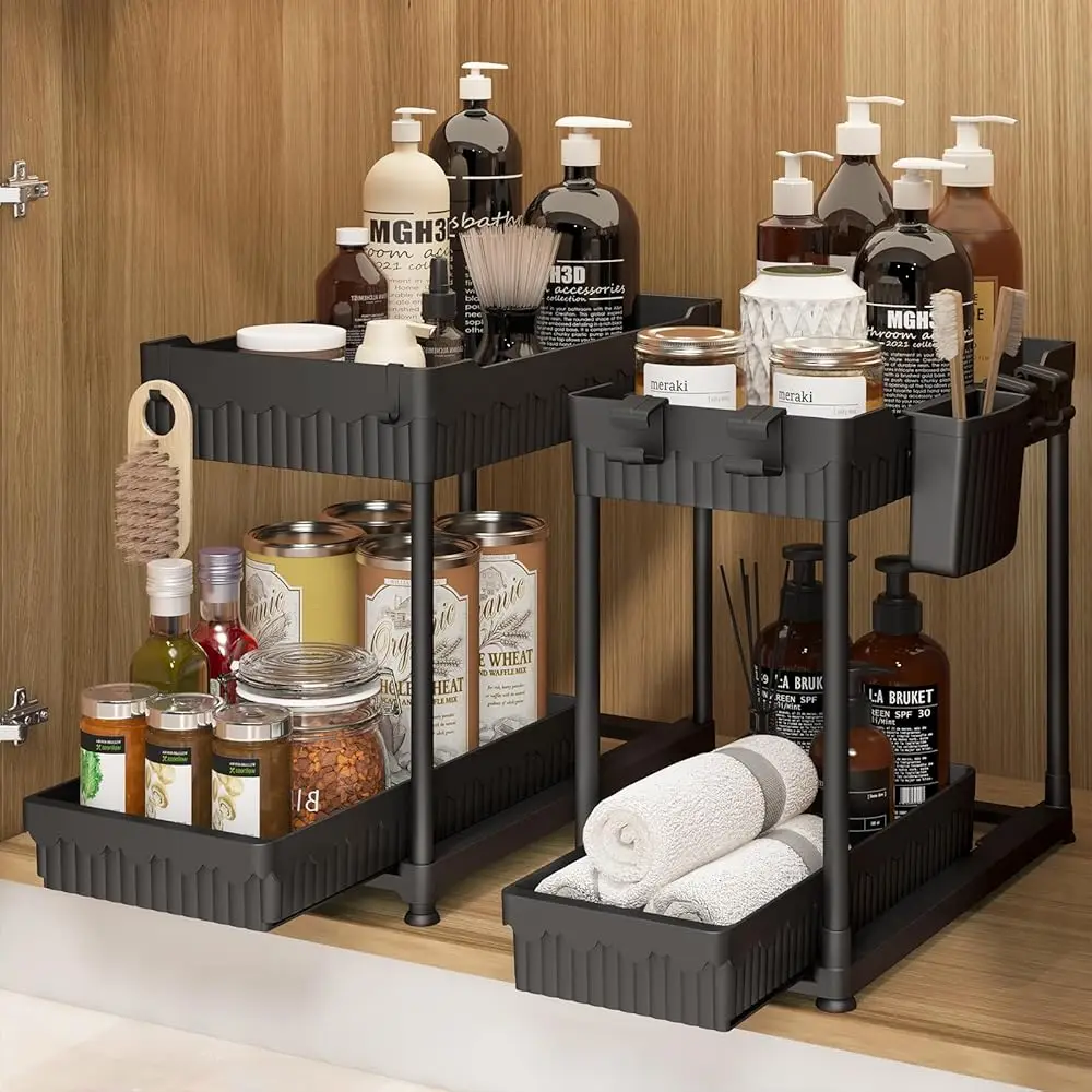 

2-Pa Under Sink Organizer, 2-Tier Multi-Use Kitchen Bathroom Organizers And Storage With Sliding Drawer，Bathroom Cabinet