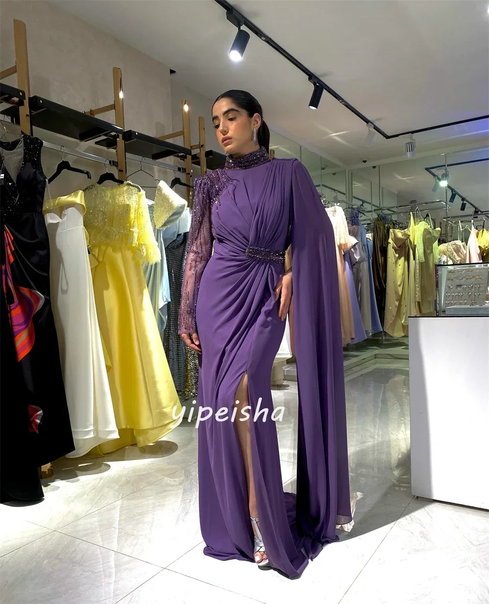 Customized High Quality Chiffon Applique Sequins Valentine's Day A-line High Neck Custom Long Skirt Unique Design Showcasing Ari