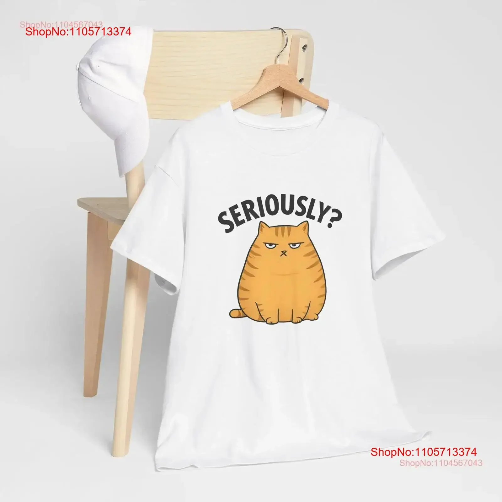 T-shirt vintage délavé à motif chat tabby orange corpulent avec texte 'SERIOUSLY', style streetwear extensible, respirant et décontracté