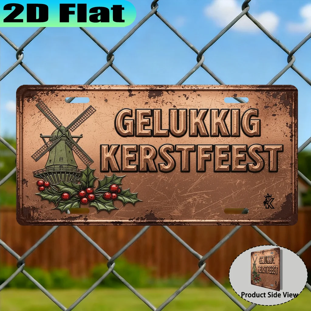 2D Flat, 1pc Dutch Christmas Retro License Plate Cover & Frame - Aluminum 