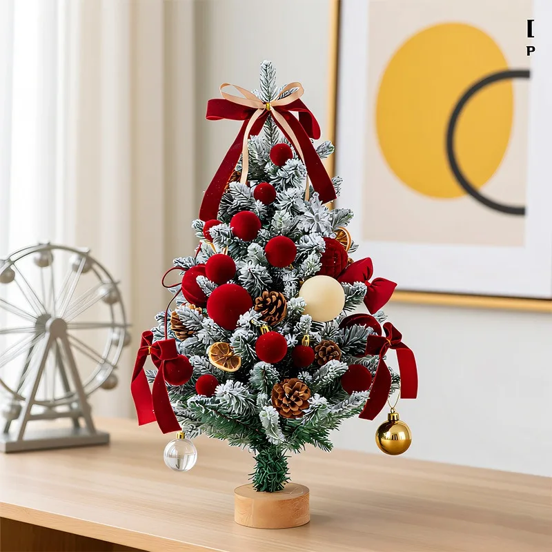 Flocked Snow Mini Tabletop Christmas Tree With Ornaments LED Light Optional Desktop Artificial Xmas Decor Tree 45cm/60cm