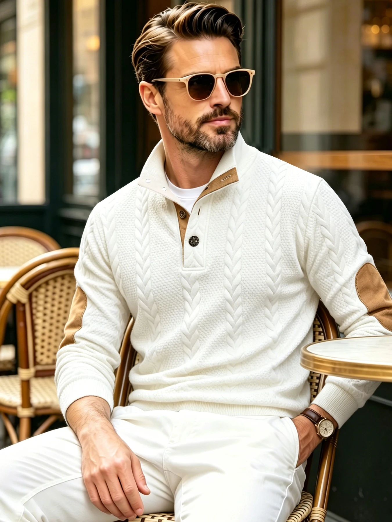 Stand Collar Men Cable Knit Pullover Sweatshirt Button Placket Elbow Patches Soft Comfortable For Daily Casual Wear