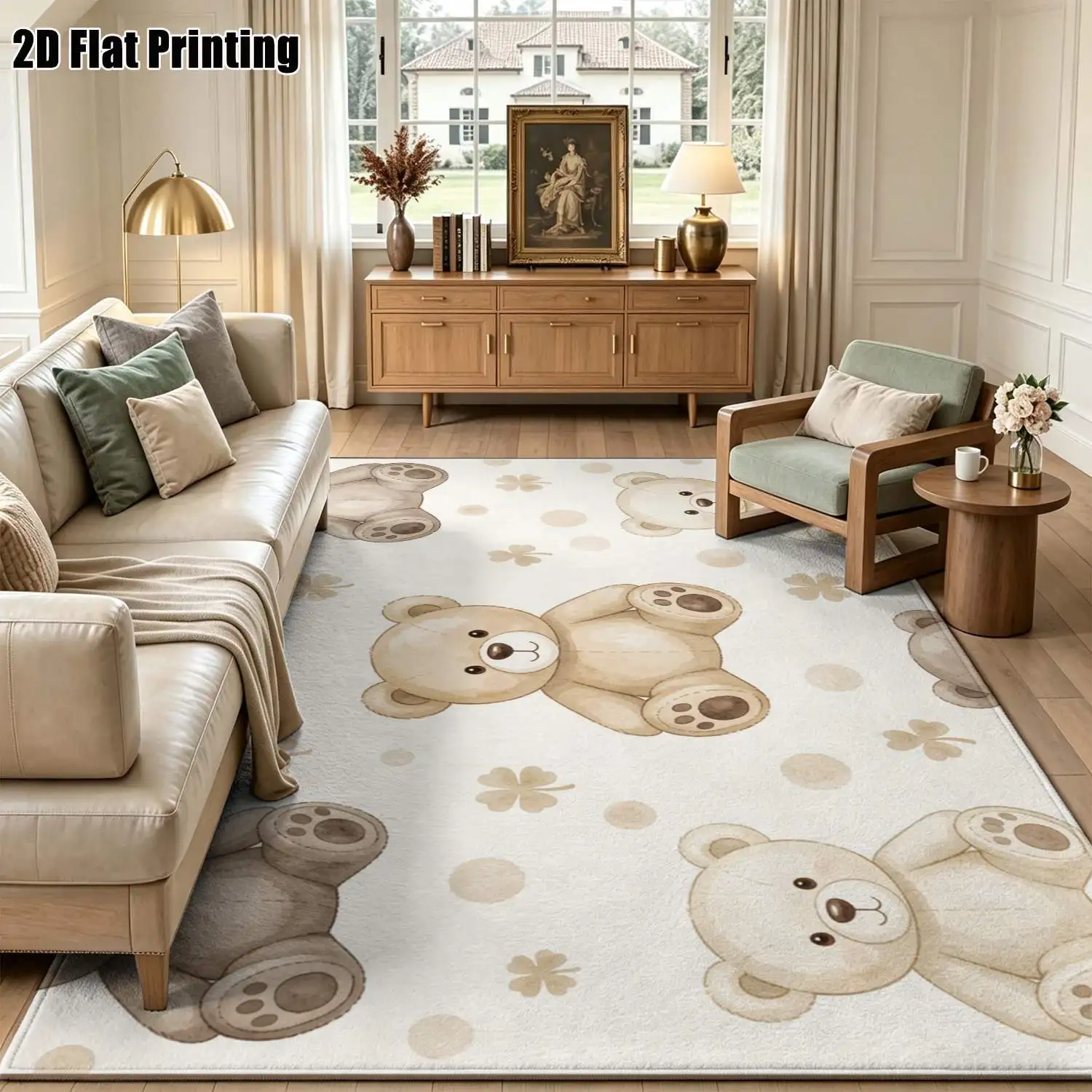 1Pc 2D Printed Beige Bear Pattern Nordic Carpet, Instagram-Inspired Modern Minimalist Floor Mat, Machine-Washable Multi-Size Home Decor Rug for Entryway, Dining Room, Foyer, Living Room, Bedroom