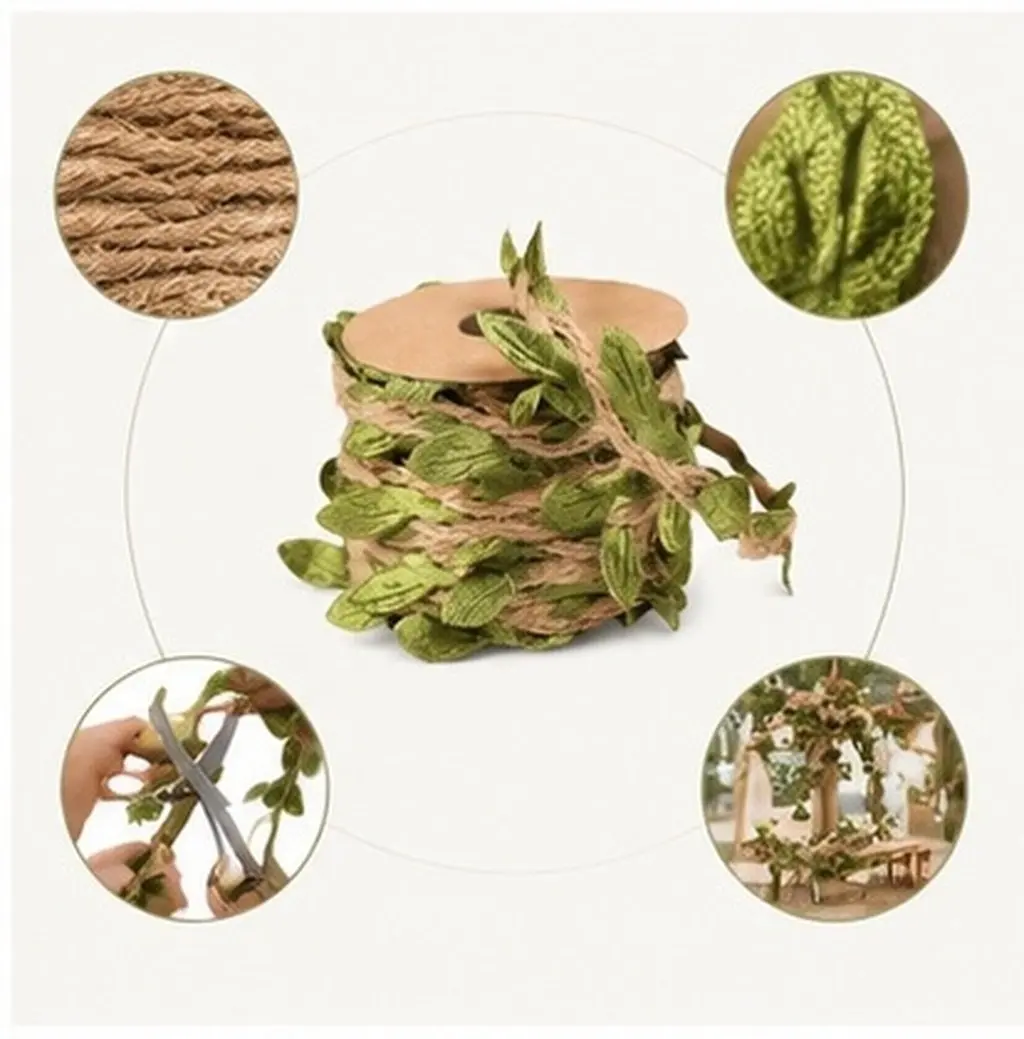 3 Rolls 5M Natural Linen Rope Gift Ribbon with Creative Simulated Leaf Motif Perfect for Festival Decor DIY Wrapping Hanging