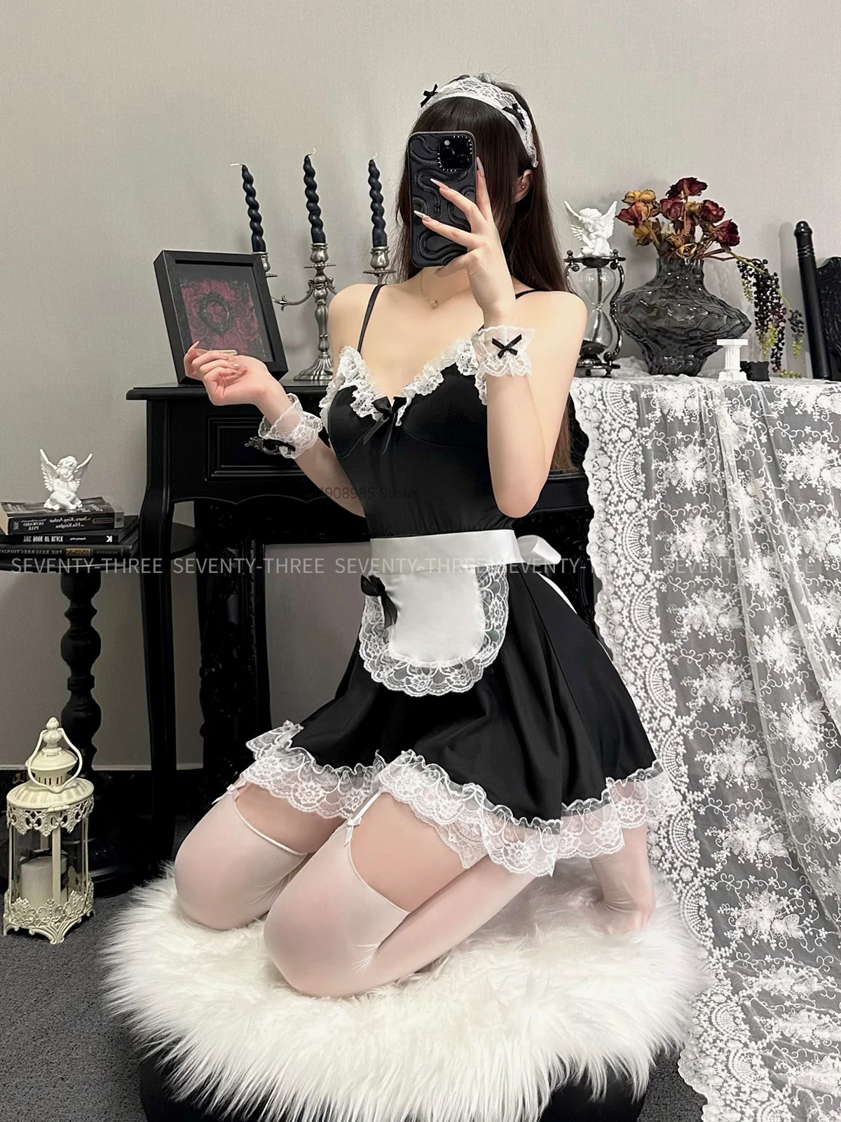

Sexy Lace Nightgown Women's Spring Autumn New Pure Desire Small Chest Strap Sleepwear Maid Uniform Set Strap Nightdress