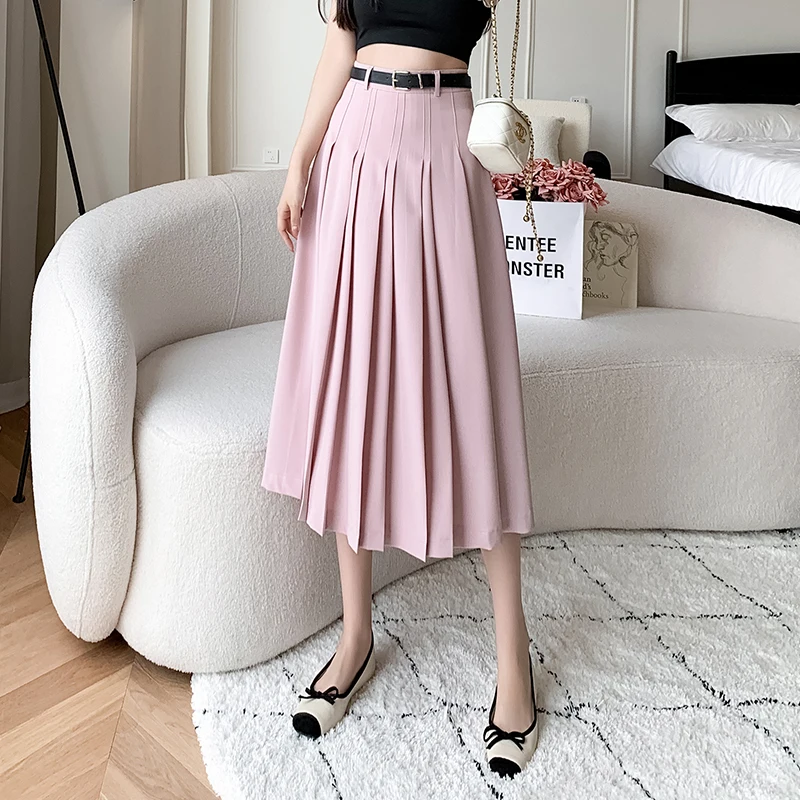 New Spring Summer High Waist Midi Pleated Skirts Womens Fashion A-line Casual Suit Skirt Ladies Elegant Vintage Umbrella Skirt