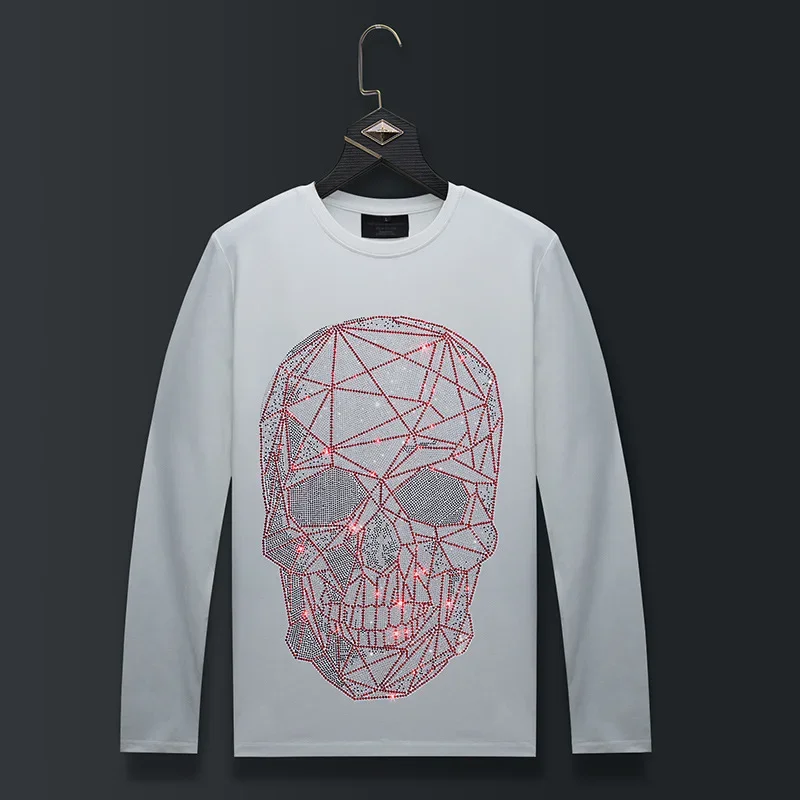 Plus Size Rhinestones Skulls T Shirts Men Fashion Streetwear O Neck Long Sleeve Slim Modal Cotton Tshirts Mens Clothing