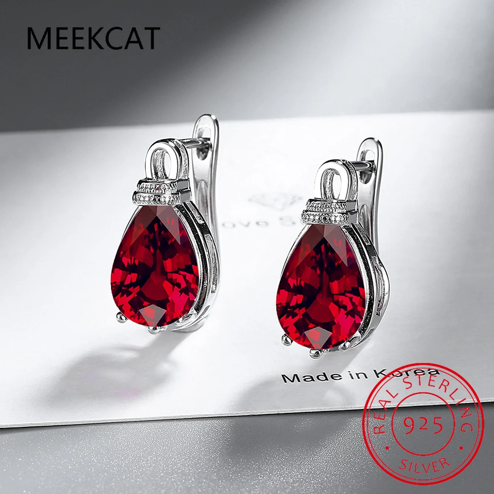 Pear Cut Genuine Red Garnet 925 Sterling Silver Hoop Earrings for Women Ruby Gemstone Fine Jewelry Birthstone Wedding Gift