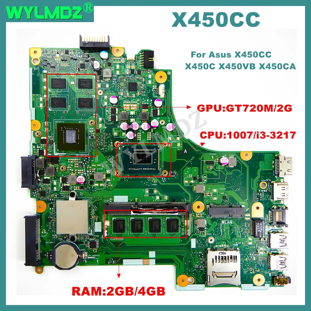 

X450CC Motherboard For Asus X450VC X450C X450C X450VP X450VB X450CA With 1007/i3 CPU 2G/4G RAM GT720M Laptop Mainboard Test OK