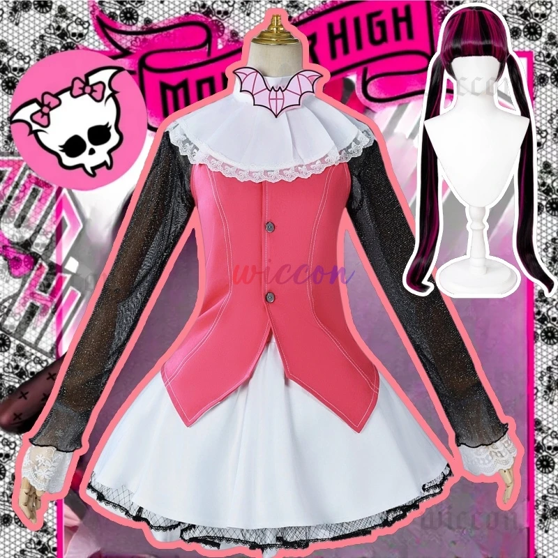 Monster Cos High: Draculaura Cosplay Costume Pink Suit Vampiree Draculaura Wig Anime Female Cosplay Halloween Costumes