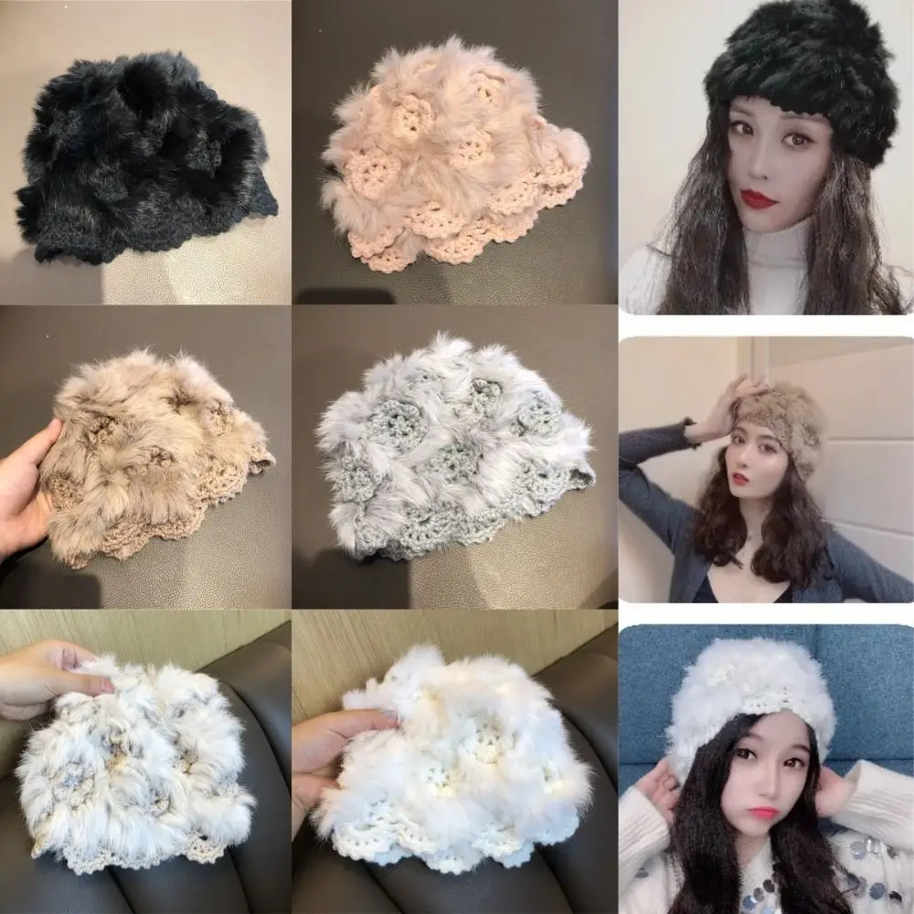 Fashionable Multicolor Crochet Rabbit Fur Hat Plush White Plush Toe Cap Warm Windproof Ear Protection Hat Girls