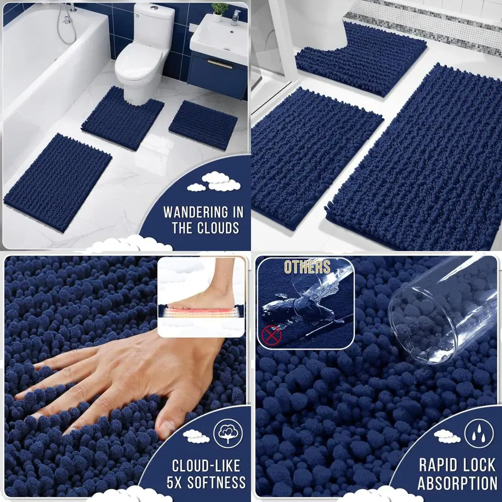 

3-Piece Navy Blue Chenille Bath Rug Set: Ultra Absorbent, Quick Drying, Non-Slip Mats for Shower, Tub, and Sink