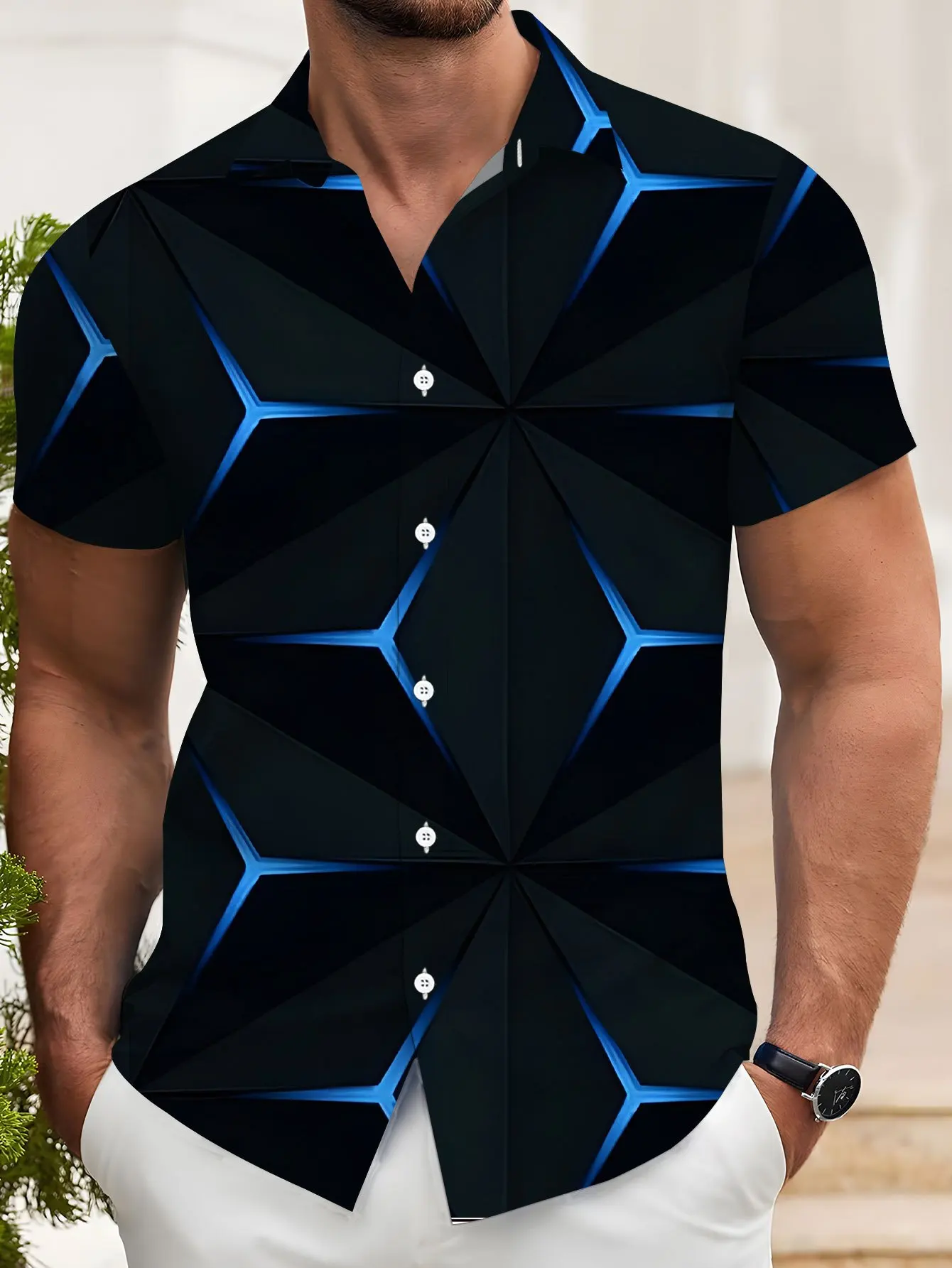Men Short Sleeve Button Down Shirt Black Blue 3D Geometric Print Polyester Lapel Collar Casual Party