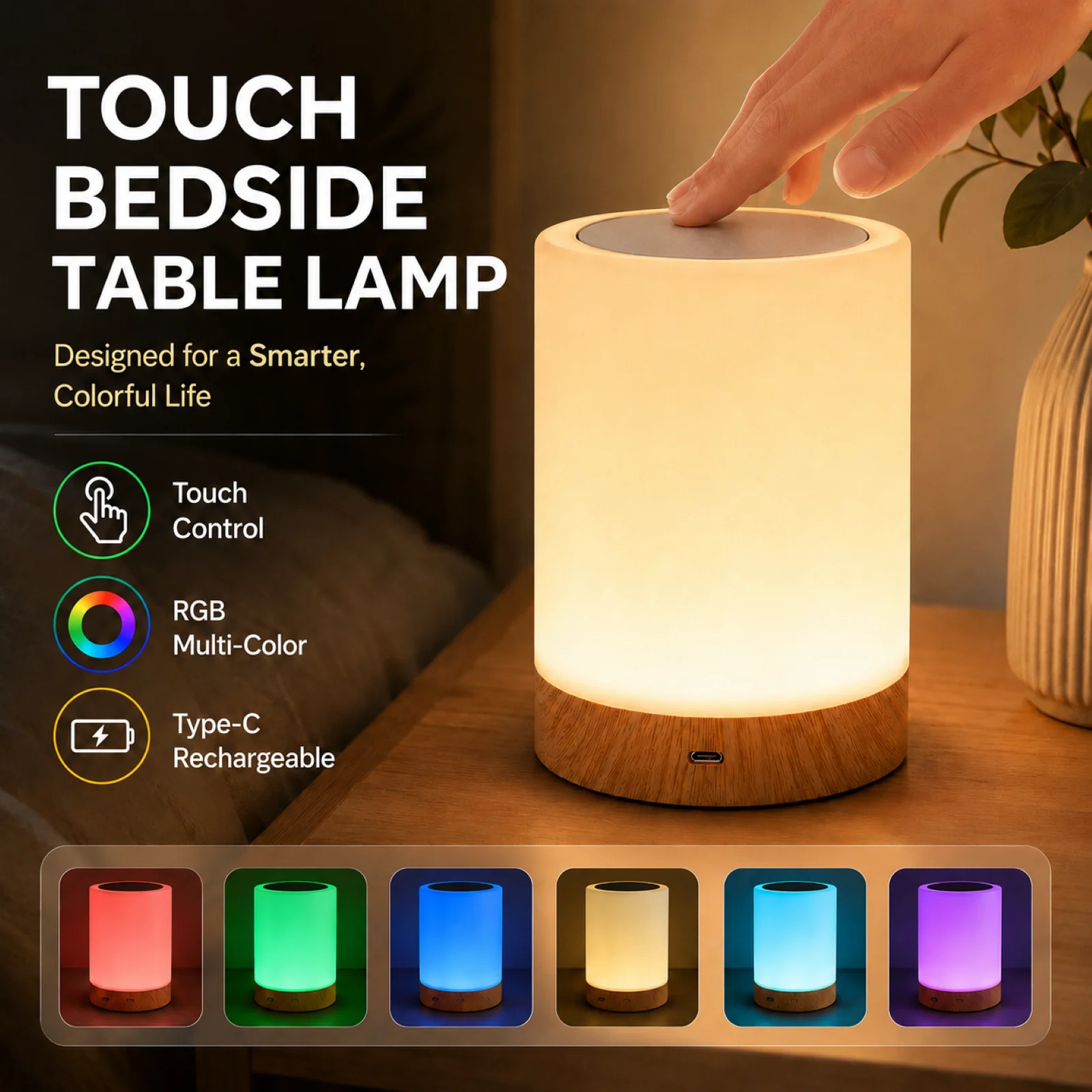 Touch Bedside Table Lamp RGB USB Rechargeable Night Light NightStand Desk Lamp Home Bedroom Decoration Kid Gift Dining Room Lamp