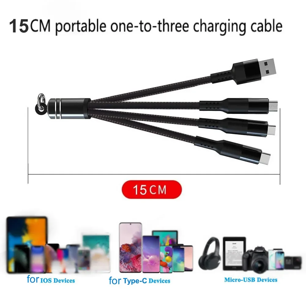 Short USB Multi Charging Cable, Keychain 3 in 1 Charger Cord for IP/Type C/Micro USB Port for Cell Phones/Samsung/Android/More