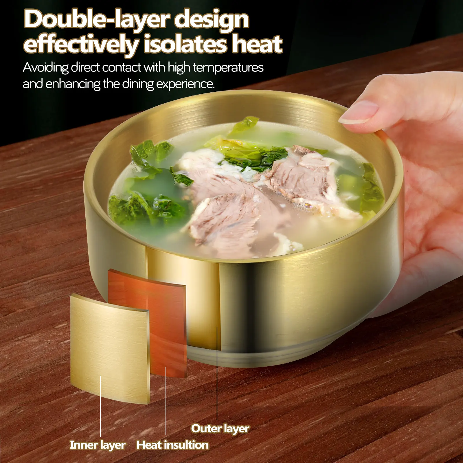2Pcs Stainless Steel Double Layer Heat Insulated Bowls Perfect for Rice Soup Salad Noodle Fruit Cereal Serving Mixing Gold