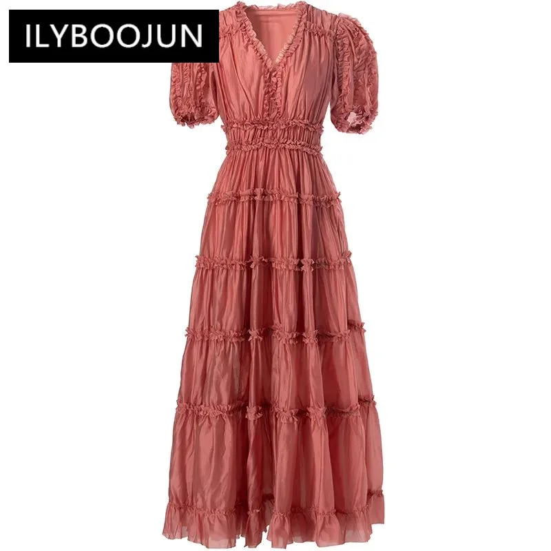 

ILYBOOJUN Summer Women's Sexy V-Neck Short-Sleeved Dress Edible Tree Fungus Edge Folds New Fashion Big Swing Party Dresses