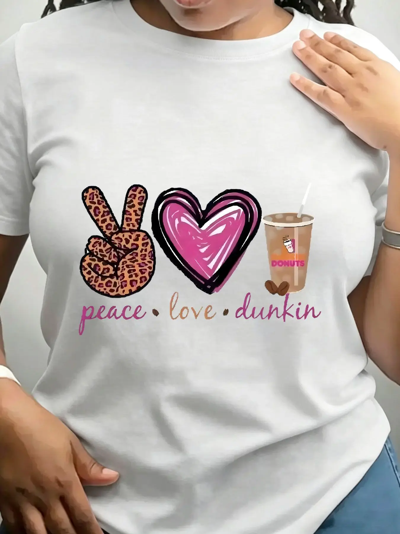 Women's Trendy Crew Neck T-Shirt Peace Love Dunkin Donuts Graphic Suitable for Casual Sportswear view 3