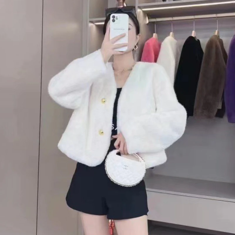 العصرية الخريف الشتاء معطف الفرو المرأة فو الفراء اقتصاص سترة طويلة الأكمام أعلى واحدة الصدر لينة رقيق سترة الخامس الرقبة ملابس خارجية