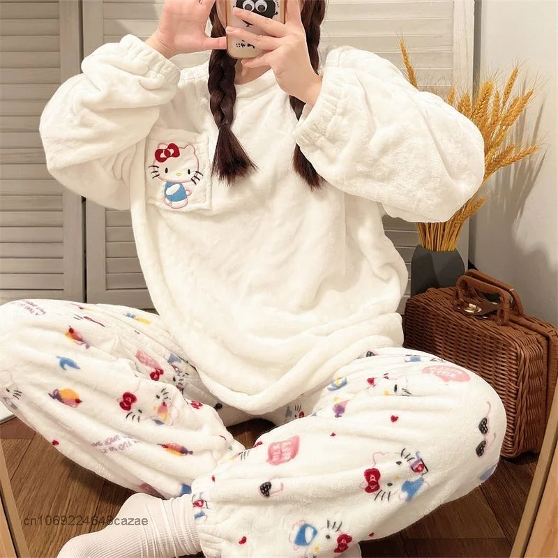 Sanrio Hello Kitty Winter Coral Velvet Pajamas Korean College Style Loose Plush Thickened Home Set Y2k Casual Clothes For Women