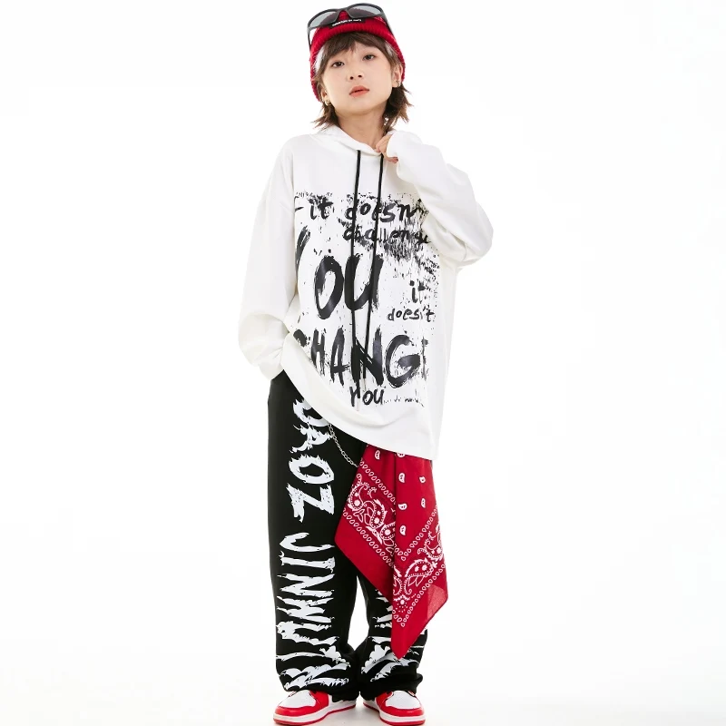 Autumn Winter Costume Children's Street Dance Suit Loose White Hoodie Outfits Kids Boys' Hip Hop Jazz Dance Clothing DN19143