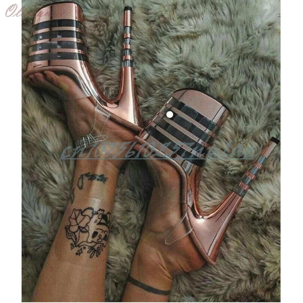 Shiny Rose Gold Striped Mirrored Platform Sandals Clear Strap Stiletto Heels for Pole Dance Clubwear for Nightclub Performance