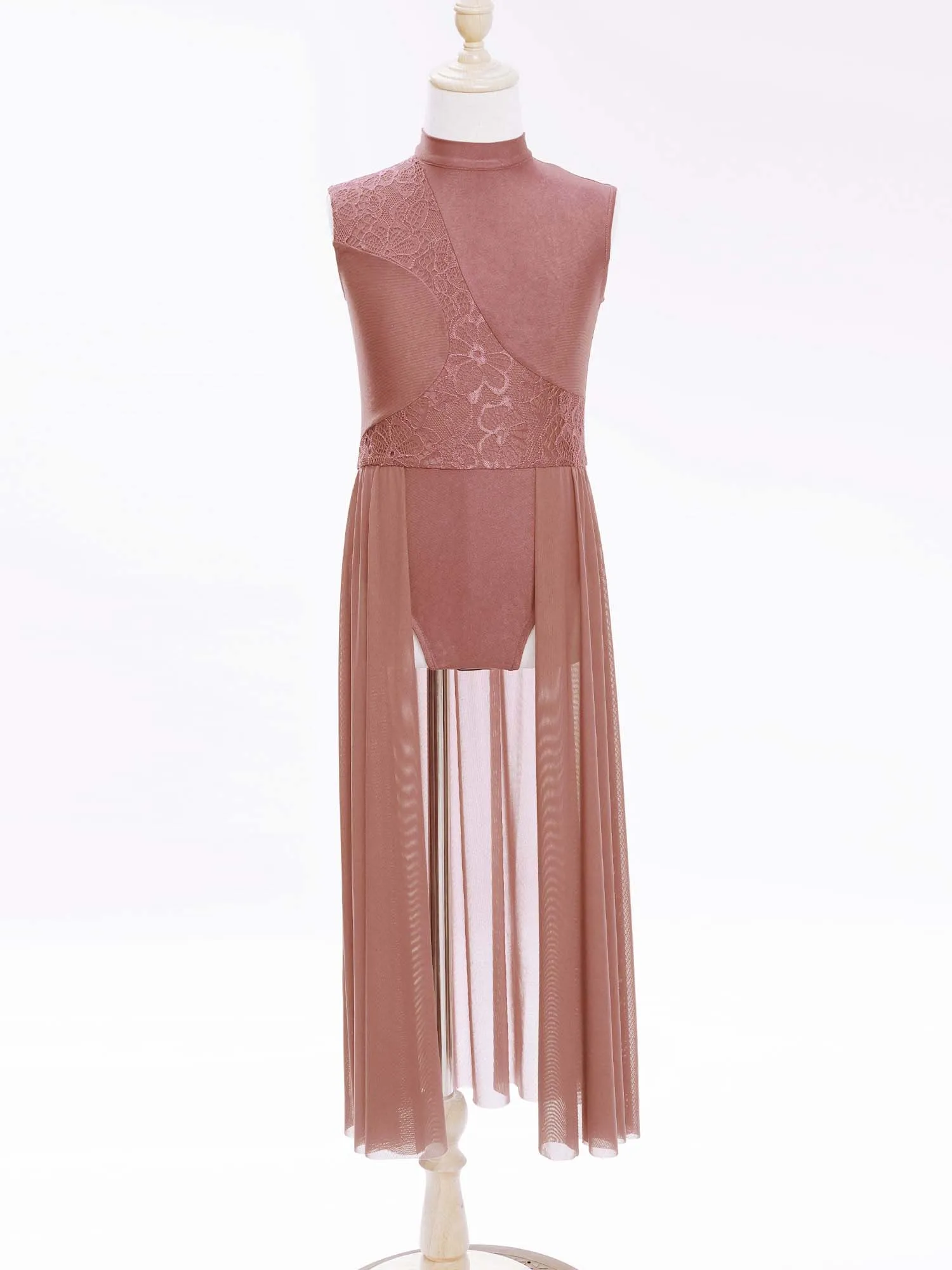 

Kids Girls Lyrical Dance Dress Modern Figure Skating Dancewear Mock Neck Sleeveless Leotard Mesh Dress Stage Performance Costume