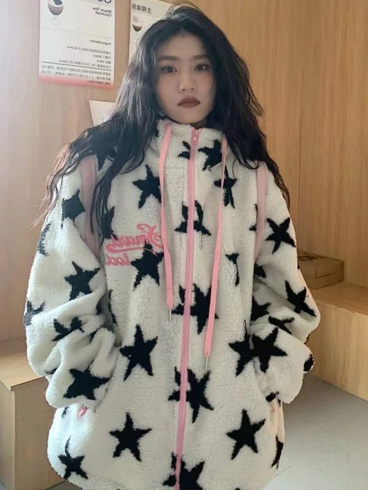 

Ретро-куртка из овечьей шерсти в американском стиле для женщин, осенне-зимняя, свободного кроя, утепленная, повседневная, хлопковая, модная, в уличном стиле