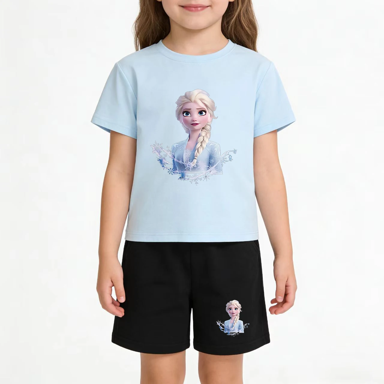 

Детская летняя куртка, очаровательная футболка с принтом принцессы Эльзы, для мальчиков и девочек 3-12 лет, с короткими рукавами + шорты, повседневный спортивный комплект для бега