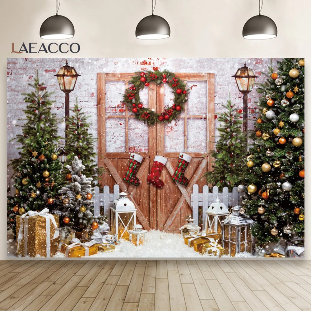 Merry Christmas Xmas Tree Photography Background Winter Falling Snow Wooden Door Decor Kids Portrait Indoor Photocall Backdrop